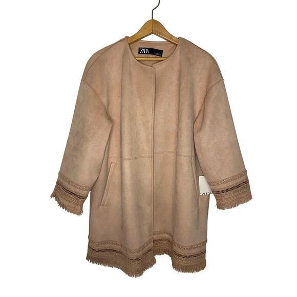 Zara Faux Suede Blush Pink Open Sweater Jacket Western Boho Fringe Size Small - Picture 2 of 16